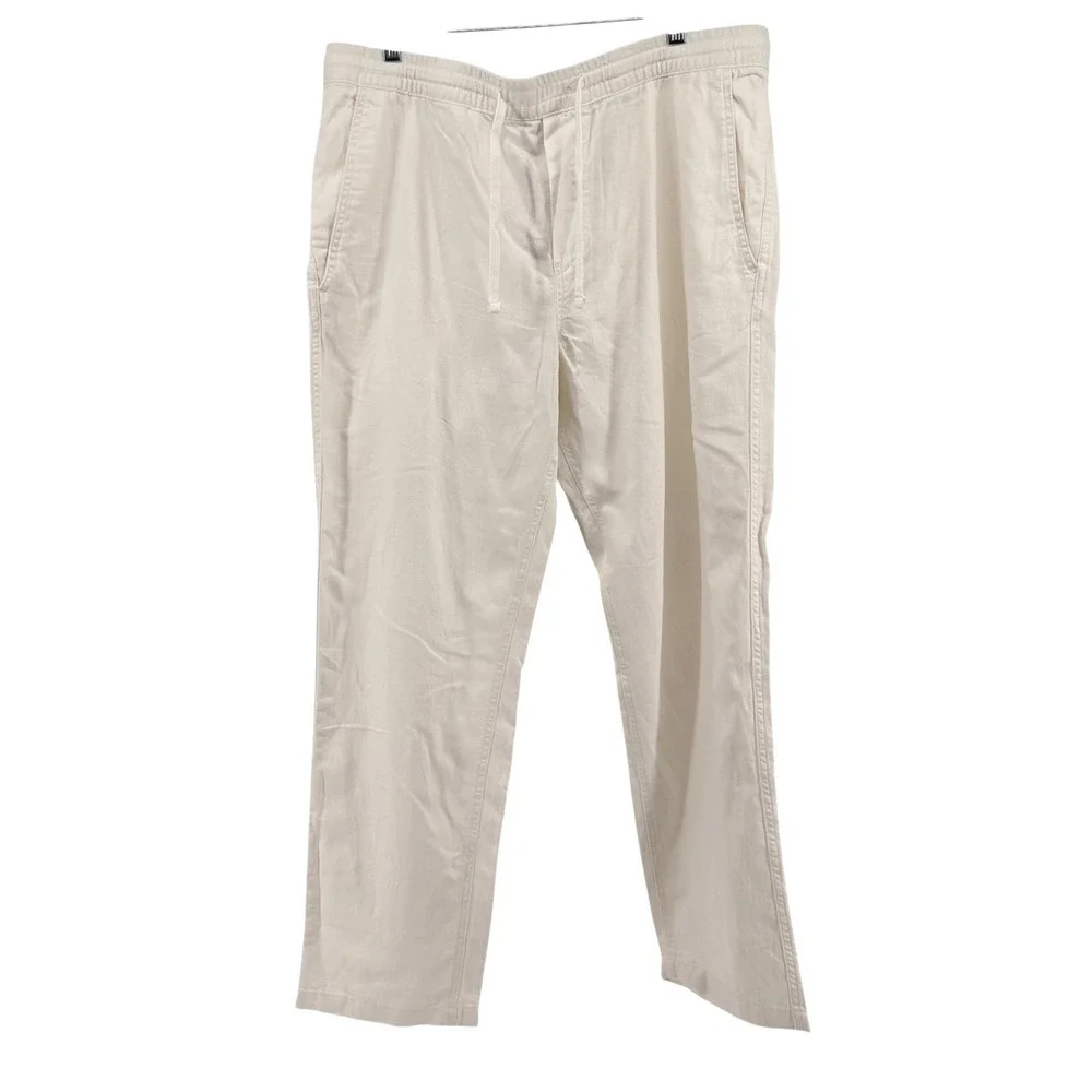 NEW H&M Linen Blend Trousers Mens XL Relaxed Pants Off-White Drawstring Coastal